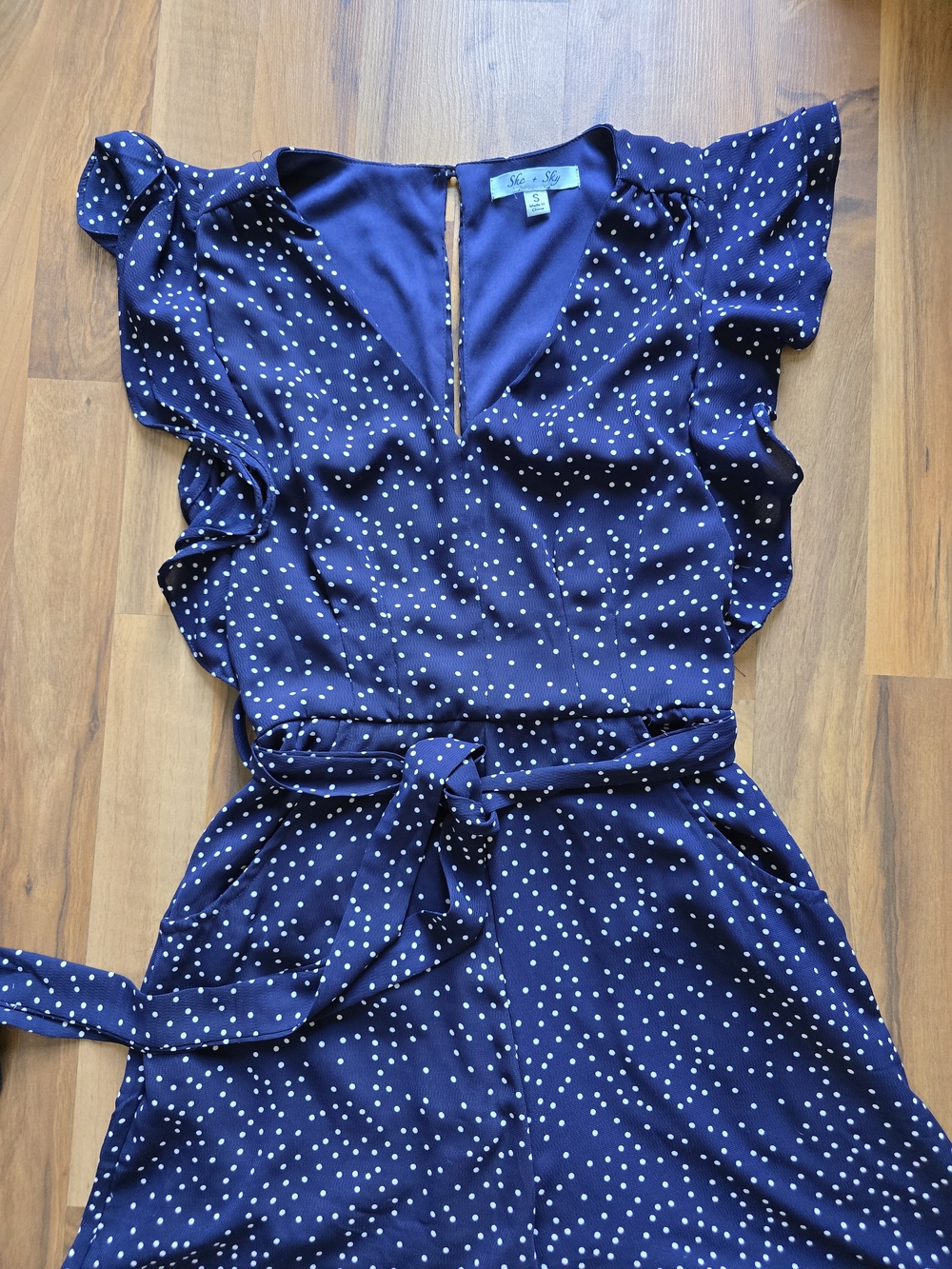 She + Sky Navy Blue Polka Dot Cropped Jumpsuit- Small